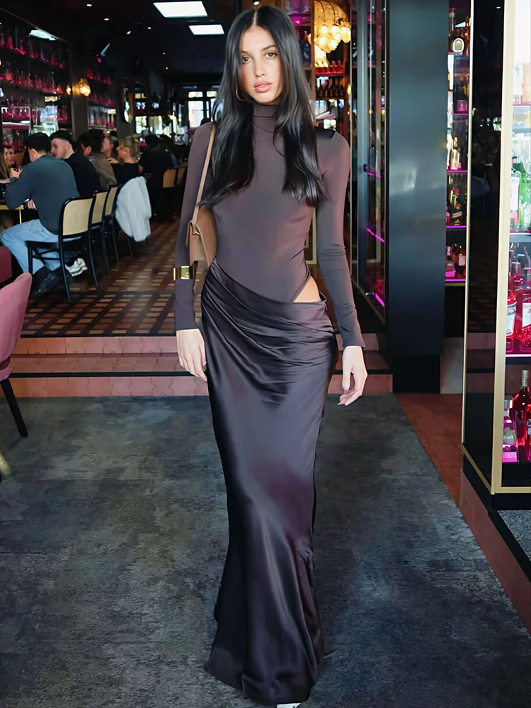 Mozision Autumn Long Sleeve Sexy Maxi Dress Women Fashion Hollow Out Turtleneck Ruched Bodycon Club Party Long Dresses Female