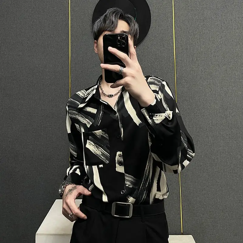 

2024 Autumn Men's Stylish Print Shirt with Upside Down Collar Vintage Long Sleeve Loose Shirts Male Cardigan Tops Blouses P37