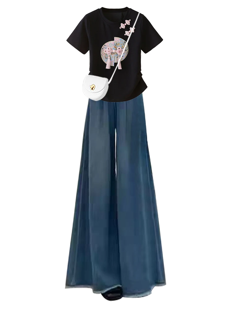 Effet minceur chinois Sle femmes rondes Ne ort Sve t-shirt et jean deux pièces ensemble jambe large jean été Faion