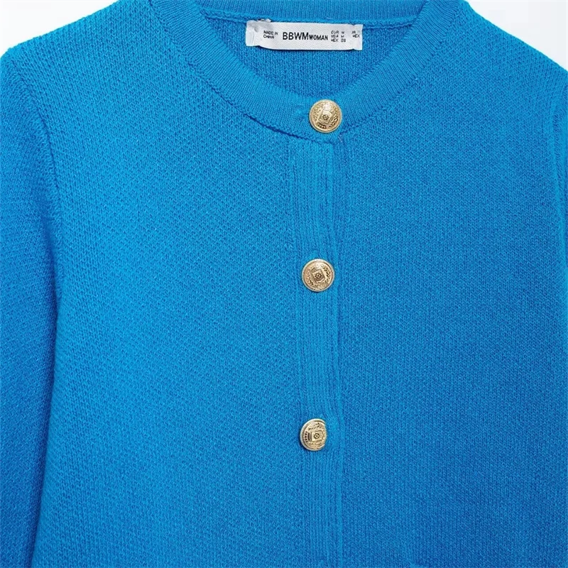 EDSA Women Blue Knitted Cardigan for Autumn Round Neck Double Pockets Single Breasted Long Sleeves Sweater with Golden Buttons