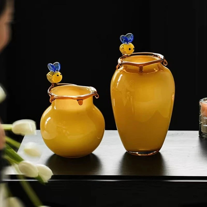 Mid Century Modern Handmade Glass Bee Vase Makeup Vanity Decor Yellow Home Ornament Creative Small Gift for Friends