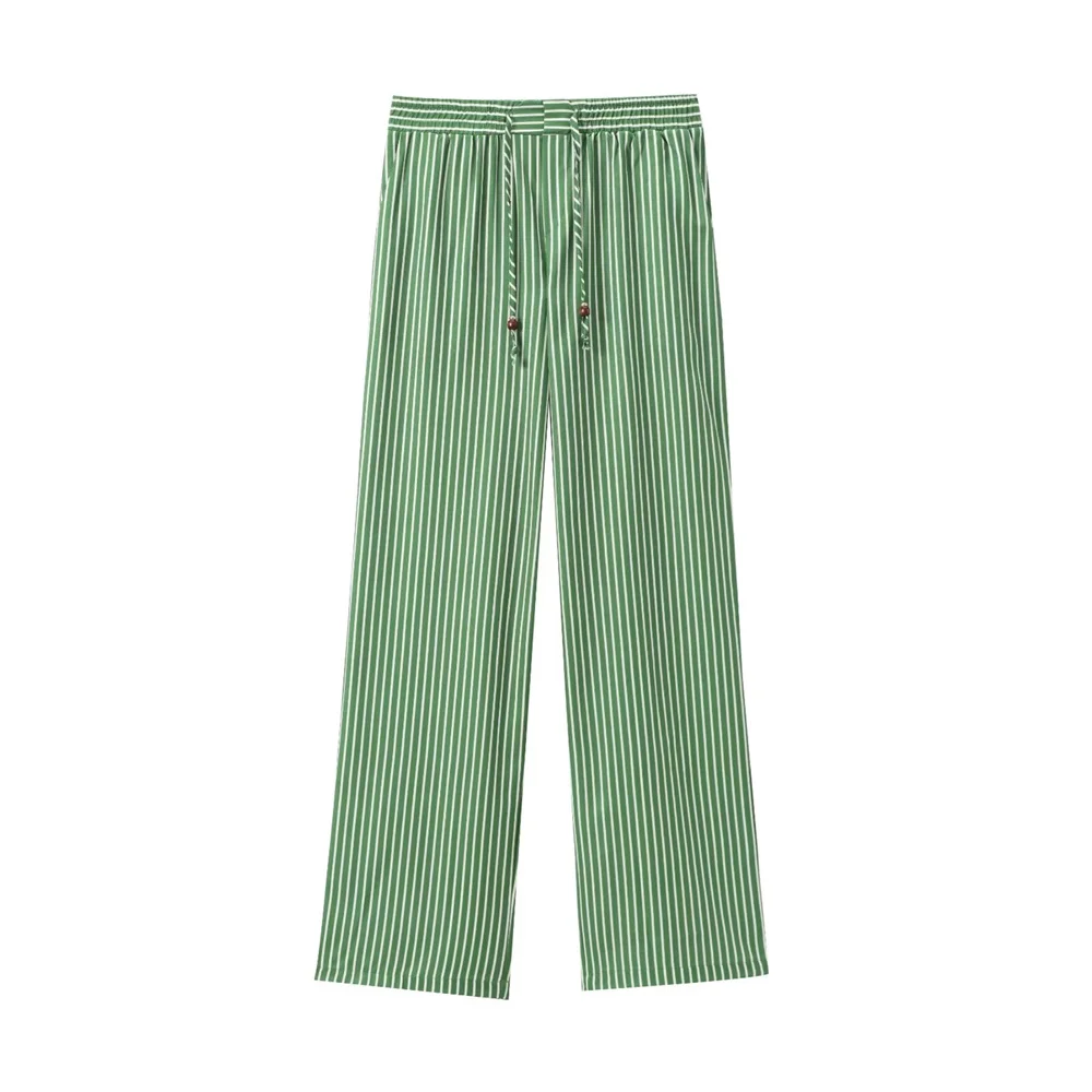 PB&ZA2024 Summer New Product Casual Women\'s Fashion Trend Green Flip Collar Button Striped Shirt Straight Pants Set