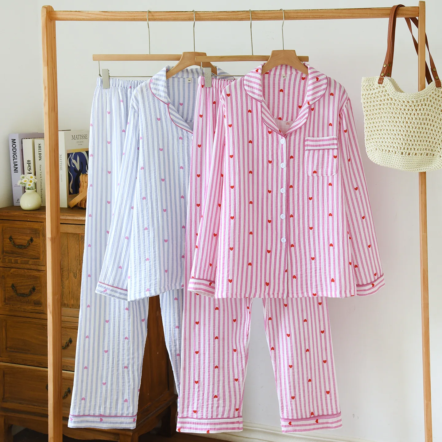 

Cotton Pajama for Women Print Striped 2Pcs Sleep Set Homewear Spring Autum Long Sleeve Trouser Suits Loungewear Nightwear