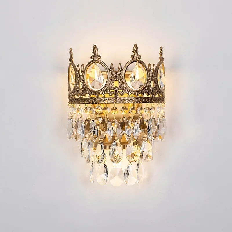 Bedside French crystal wall lamp American all-copper bed and breakfast villa retro living room aisle European brass wall lamp