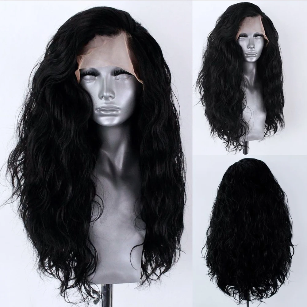 13X4 Ingwer-Synthetik-Lace-Front-Perücke, langes gewelltes schwarzes Haar, Cosplay-Spitzenperücken für Frauen, blonde hitzebeständige Faser, leimlose Perücke