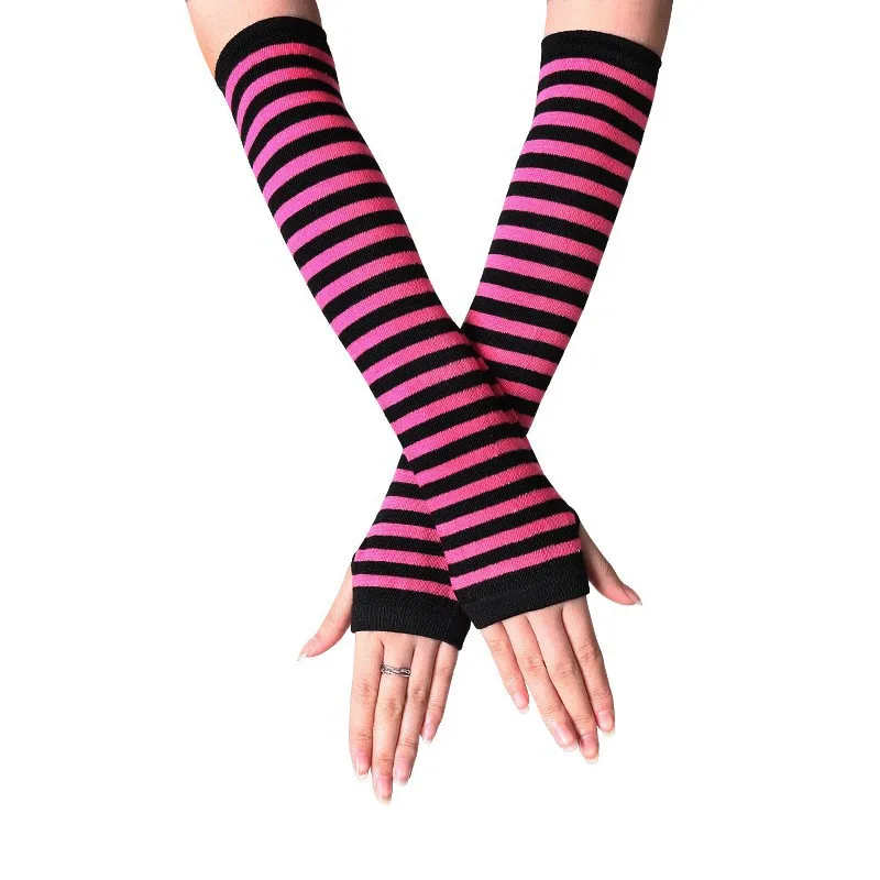 Schwarz-weiß gestreifte fingerlose Armwärmer für Damen, gestrickte lange Armstulpen, Gothic Punk Y2K Streetwear Cosplay Kostüm-Accessoires – Detail 9
