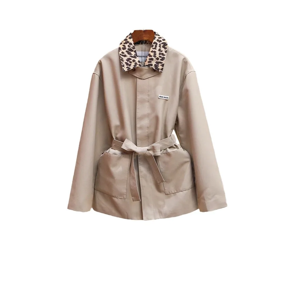 Luksusowy damski płaszcz w stylu retro z haftem w panterkę, luźny krój, z klapami, z paskiem w talii, długi rękaw, nowość na jesień.