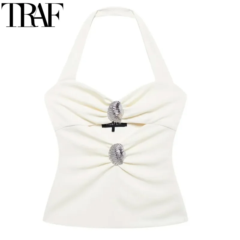 TRAF 2024 Woman Off White Top Halter Neck Cut Out Top Female Pleated Off Shoulder Crop Tops Women Summer Backless Sexy Tops