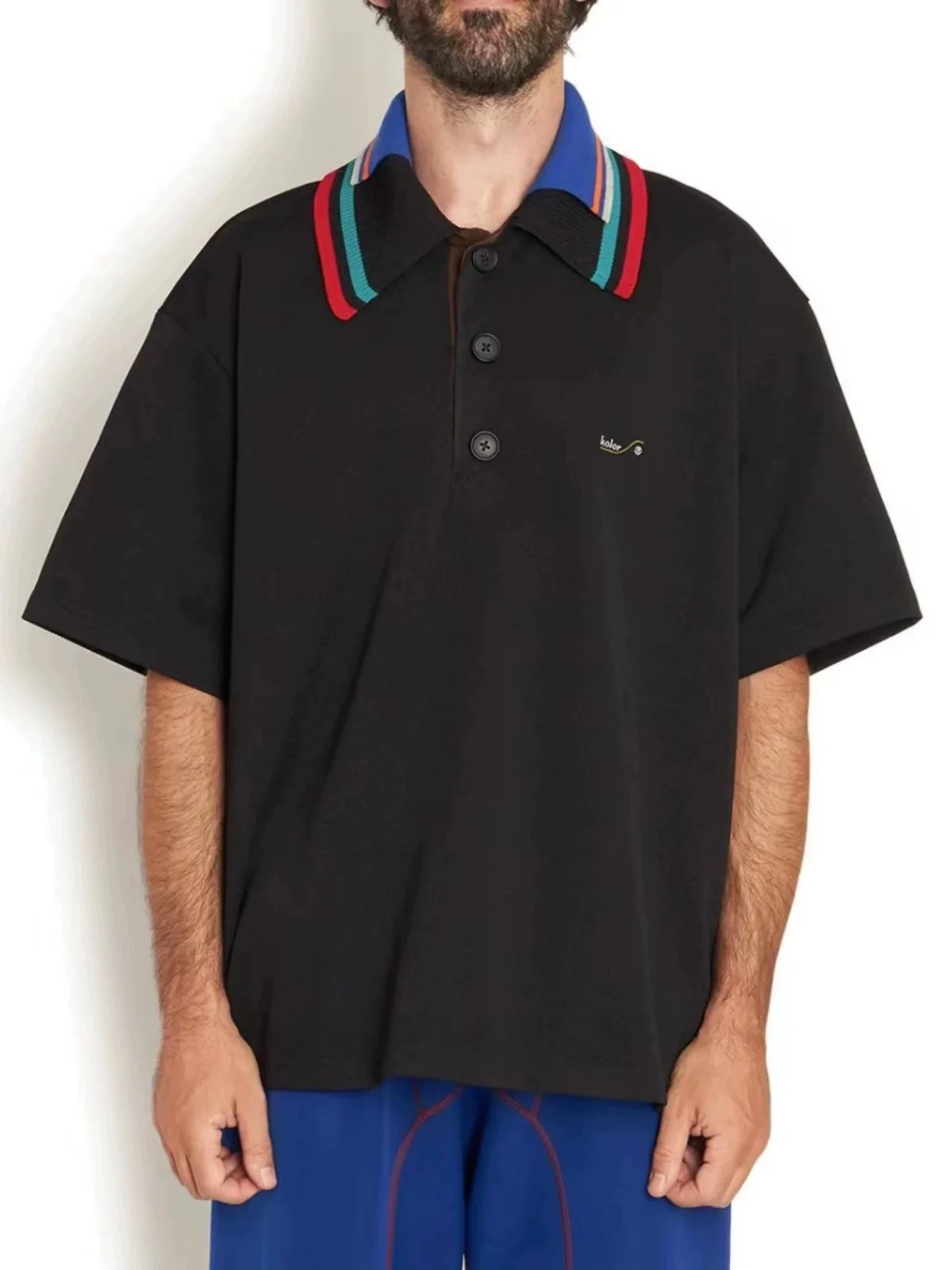 

Kolor 24SS Kolor Arima Jhi Japanese Sle Tee Color Patchwork Embroidery Double Layer Collar Me Cotton ort Sle...