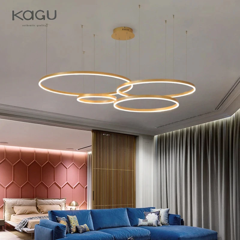 Minimalistische Moderne Led Kroonluchter Home Verlichting Geborsteld Ringen Plafond Kroonluchter Verlichting Opknoping Lamp Goud & Zwart