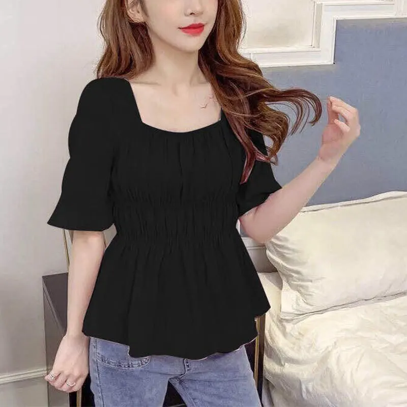 Square Collar Tshirt for Women Loose Tops Monochromatic Simple and Elegant Casual Clothes All-Match Korean Fashion Summer