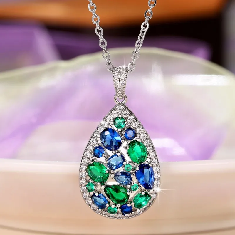 Huitan Luxury Geometric Green/Blue Cubic Zirconia Necklace for Women Silver Color Chain New Fashion Women Wedding Trend Jewelry