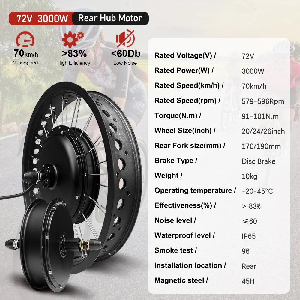 Electric Fat Bike Kit 72V 3000W 4.0 Tyre Rear Cassette Brushless Hub Motor Wheel 20/24/26inch For Snow Ebike Conversion Kit