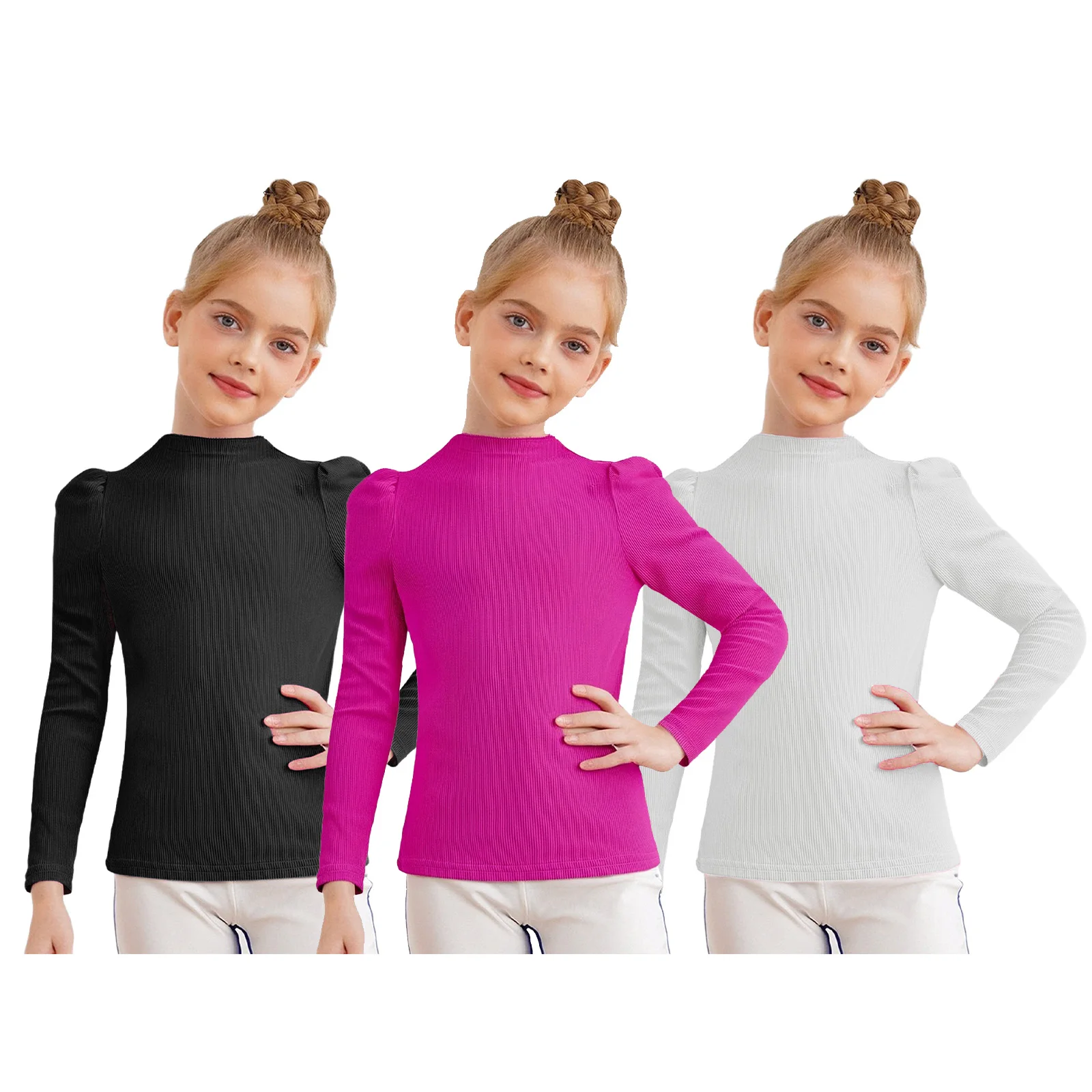 

3Pcs Kids Girls Ribbed Pullover Tops Undershirt Spring Autumn Lettuce Trim Crew Neck Long Puff Sleeves T-shirt Casual Clothes