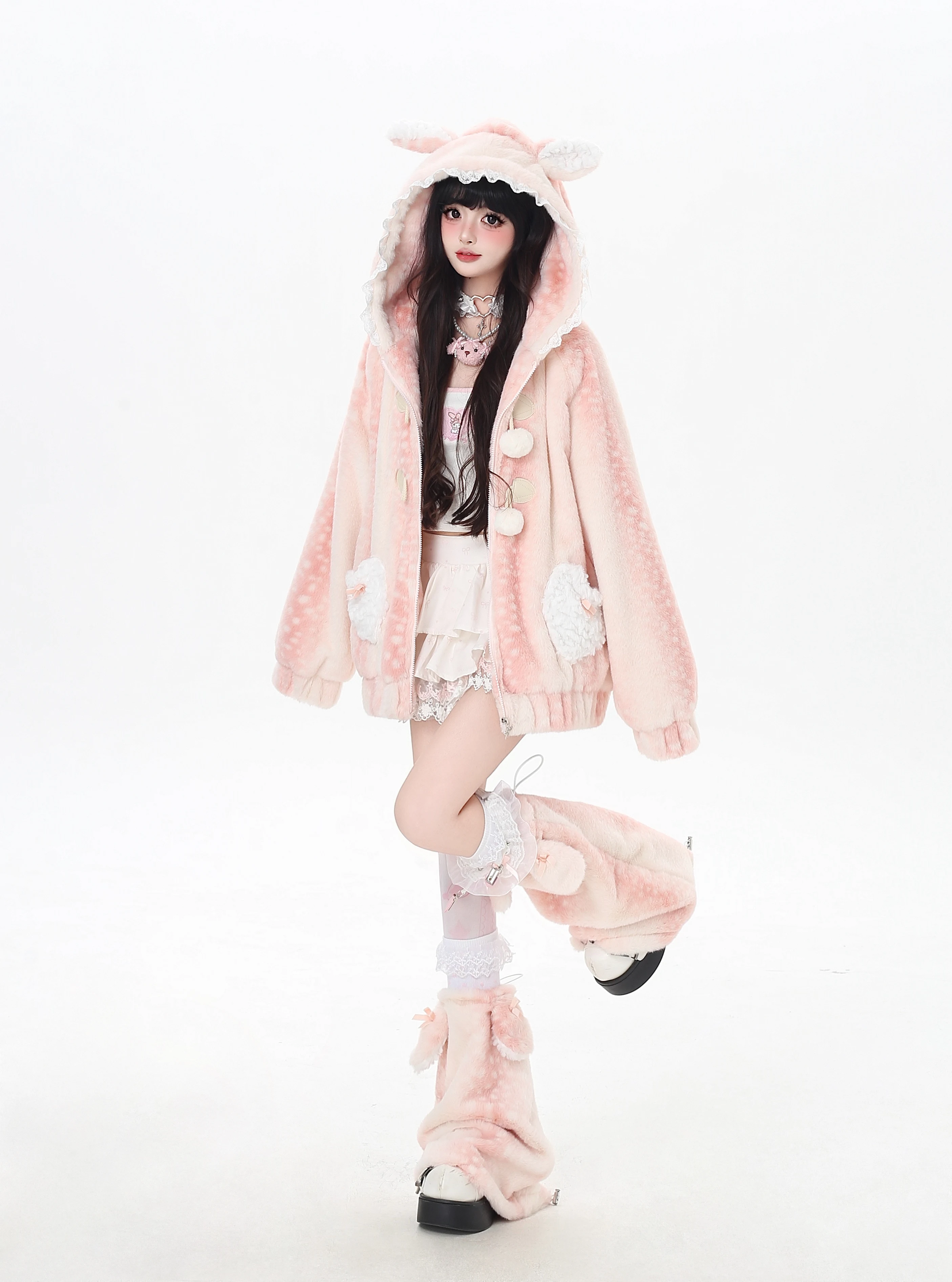 2025 الشتاء عيد الميلاد الحلو لطيف الغزلان مقنعين سترة القلب جيب فضفاض عادية سستة أفخم سترات معطف للنساء مع جوارب السيقان #5