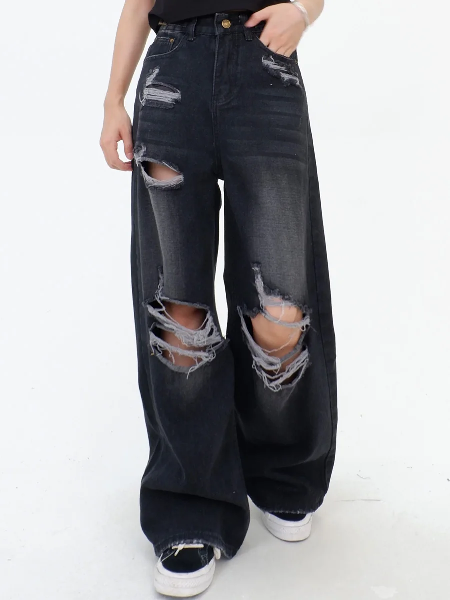 

Street retro distressed jeans for women in the autumn of 2023, new loose fitting bf, high waist, slim and wide legs