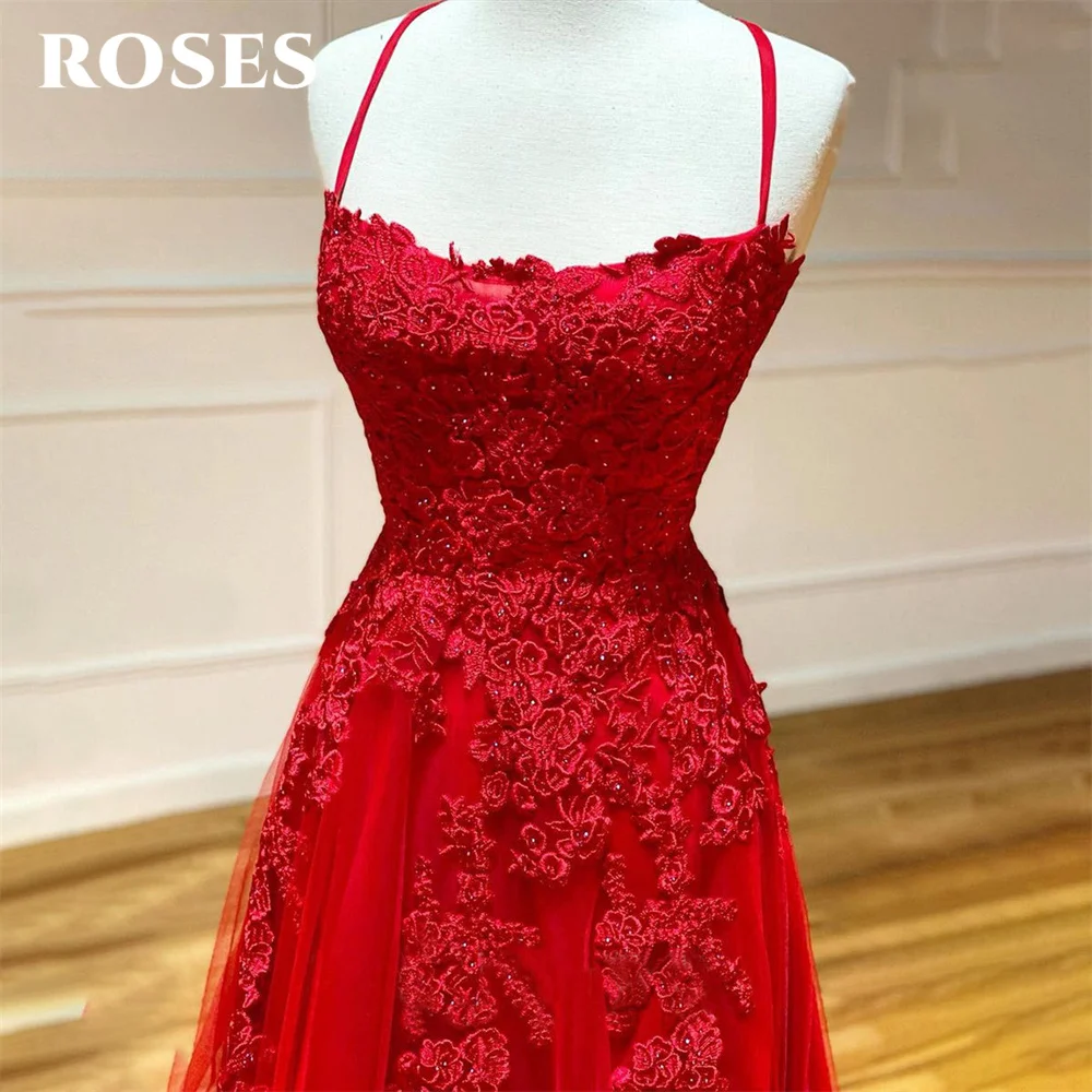 ROSES-Red Appliques Prom Vestidos, Lace Up Back, Tule Vestidos Formais, Spaghetti Strap, Vestido de noite, Charming Prom Vestidos