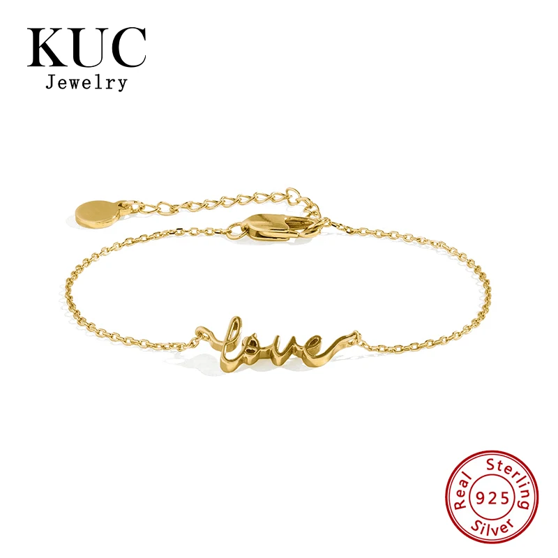 

925 Sterling Silver Custom Valentine Fine Jewelry Sweet Unique 18k Gold Plated LOVE Letter Women Bracelet