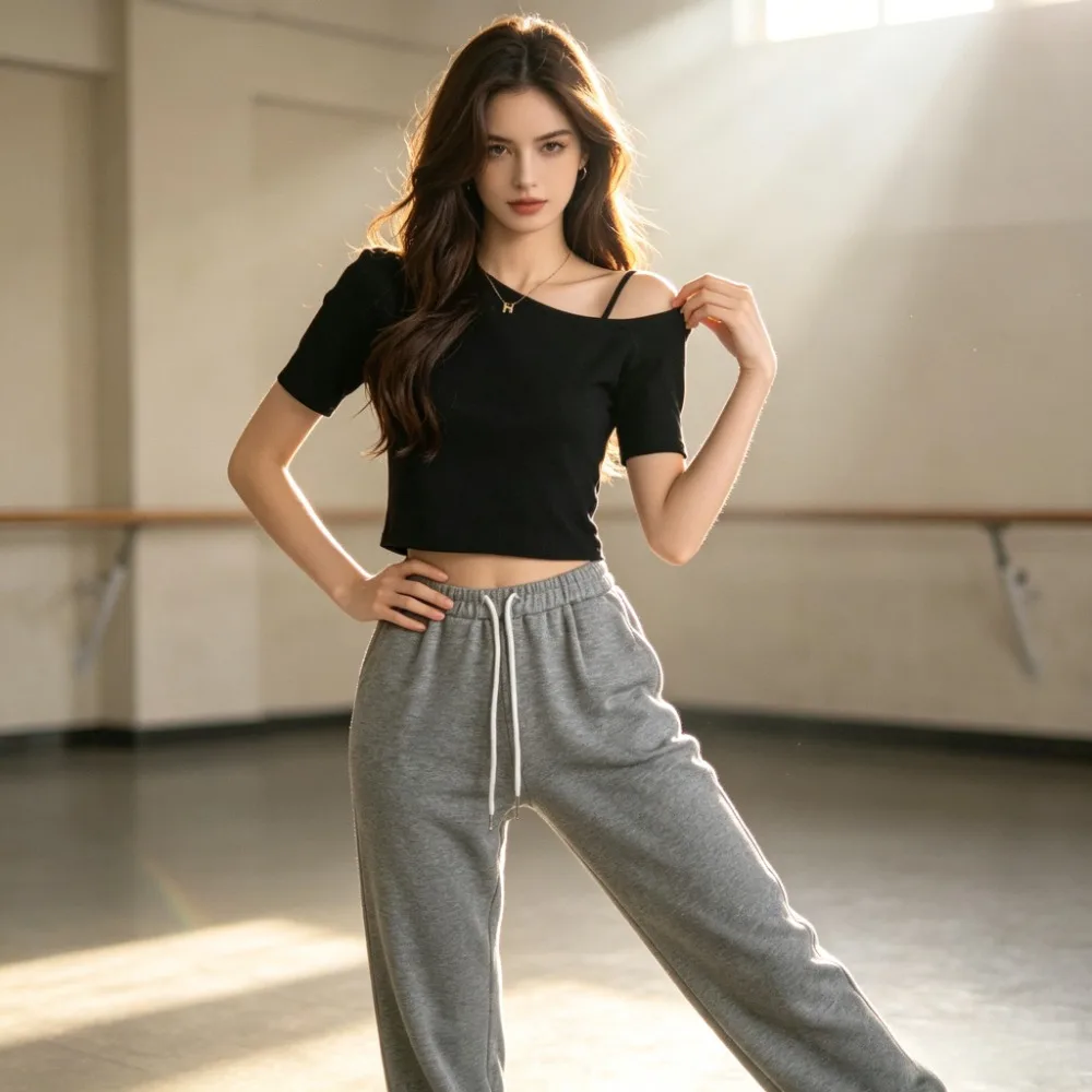 

Diagonal Collar Dancewear Top Women Short Sleeve Off-Shoulder Knit Tee For Latin Dance Training Stage Daily Casual Outfit