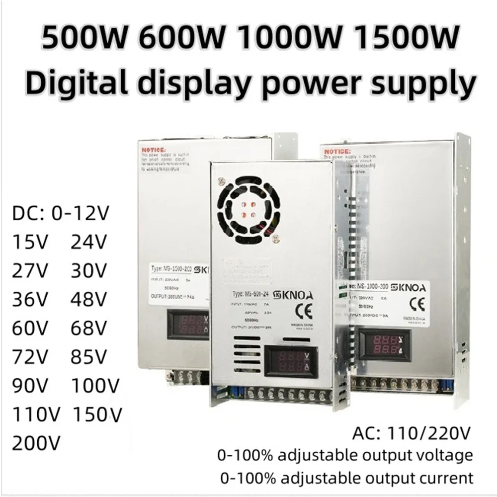 Fuente de alimentación con pantalla Digital, 500W, 600W, 1000W, 1500W, 0-12V, 15V, 24V, 36V, 110V, 150V, 220V, voltaje ajustable para LED Stirp Industrial