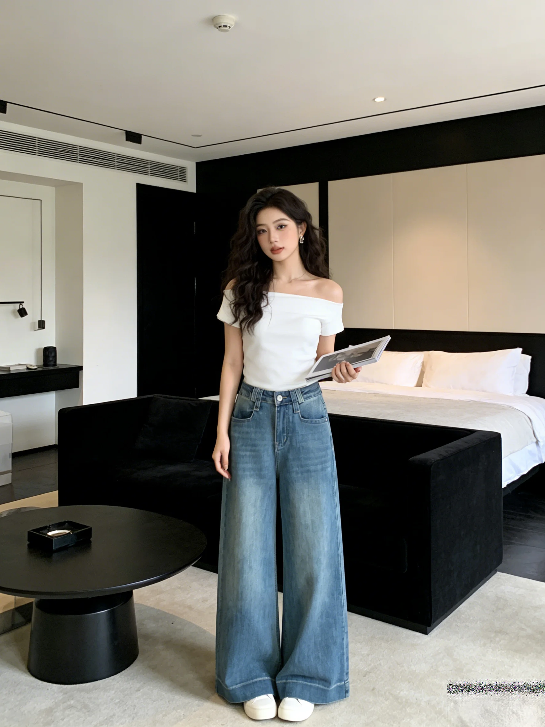 

Retro Korean Sle High Waist Wide Leg Jeans Women's Loose Straight Long Pants Slimming Waed Denim Trousers for Ladies