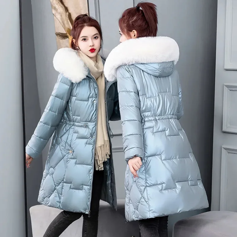 2023 New Winter Jacket Women Parkas Glossy Snow Wear Coat Fashion Female Hooded Fur Collar Parka Long Windproof Overcoat