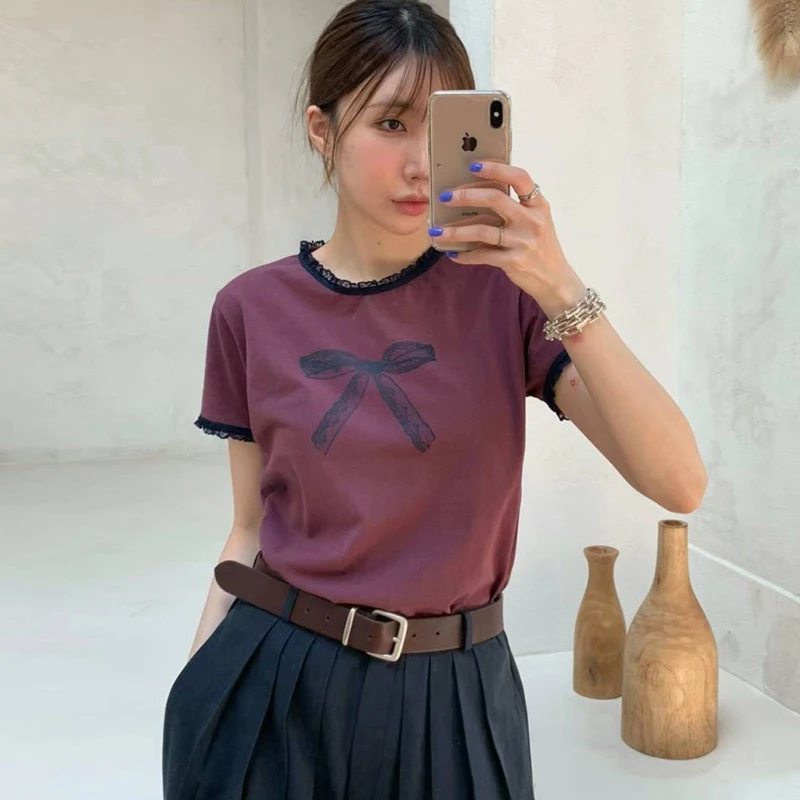 

Lace Collar T-shirts for Women Summer Bowknot Pattern Short Sleeve Tees Tshirts Female Pullover Tops 2024