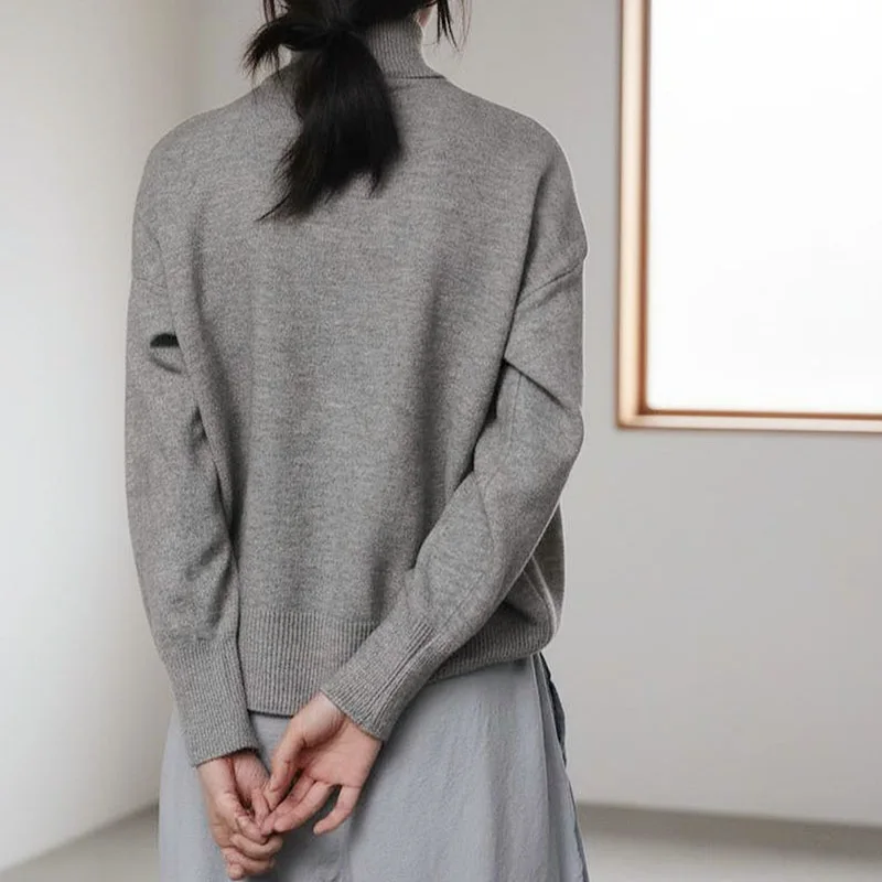 Automne et hiver col roulé couleur grise pull en laine femme ample chaud casual pull tricot pull ample veste hauts