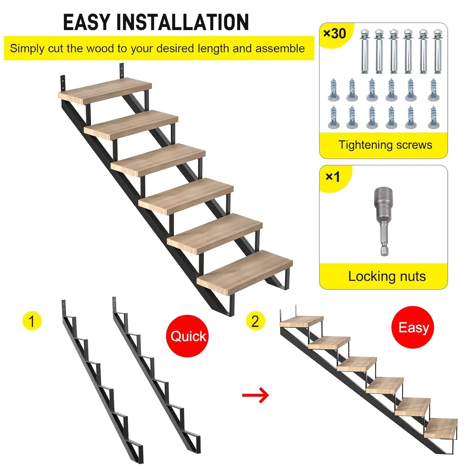 Treppenstufen-Riser aus Stahl, 6 Stufen für Deckhöhe 49,4 Zoll, Metall-Treppenschnur, Stufen-Stringer-Unterstützung, Verbindungsrahmenhalterung