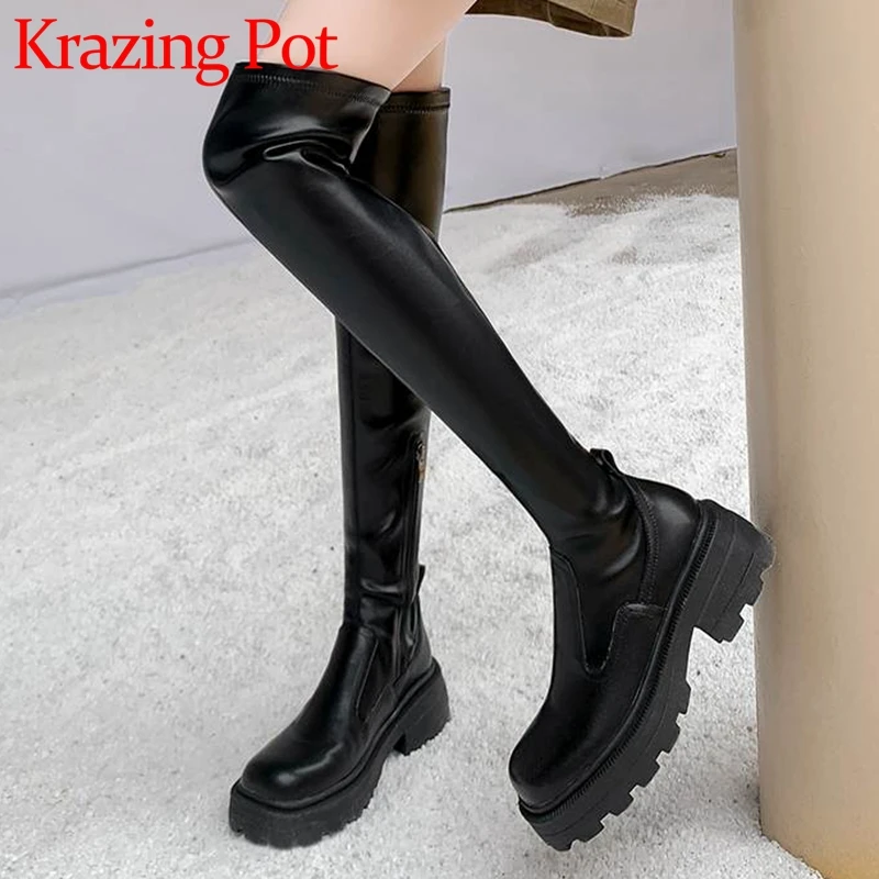 

Krazing Pot Cow Leather Round Toe Med Heels Stretch Boots Stovepipe Platform Sexy Mature Street Wear Zipper Over-the-knee Boots