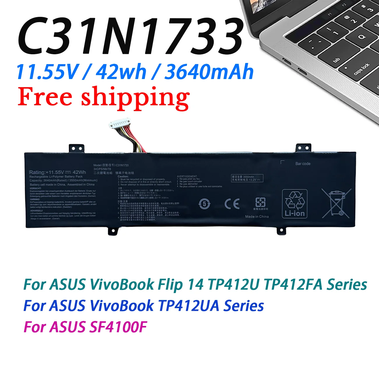 

C31N1733 Laptop Battery For ASUS VivoBook Flip 14 TP412U TP412UA TP412FA SF4100F VivoBook Flip 14 TP412UA-DB31T