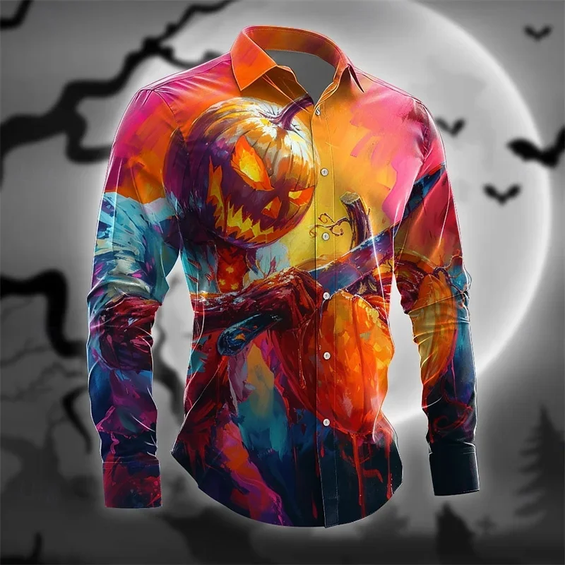 Men's Lapel Button Long Sleeve Shirt 3D Print Dark Horror Halloween Night Party Autumn and Winter Thin Shirt S-6XL