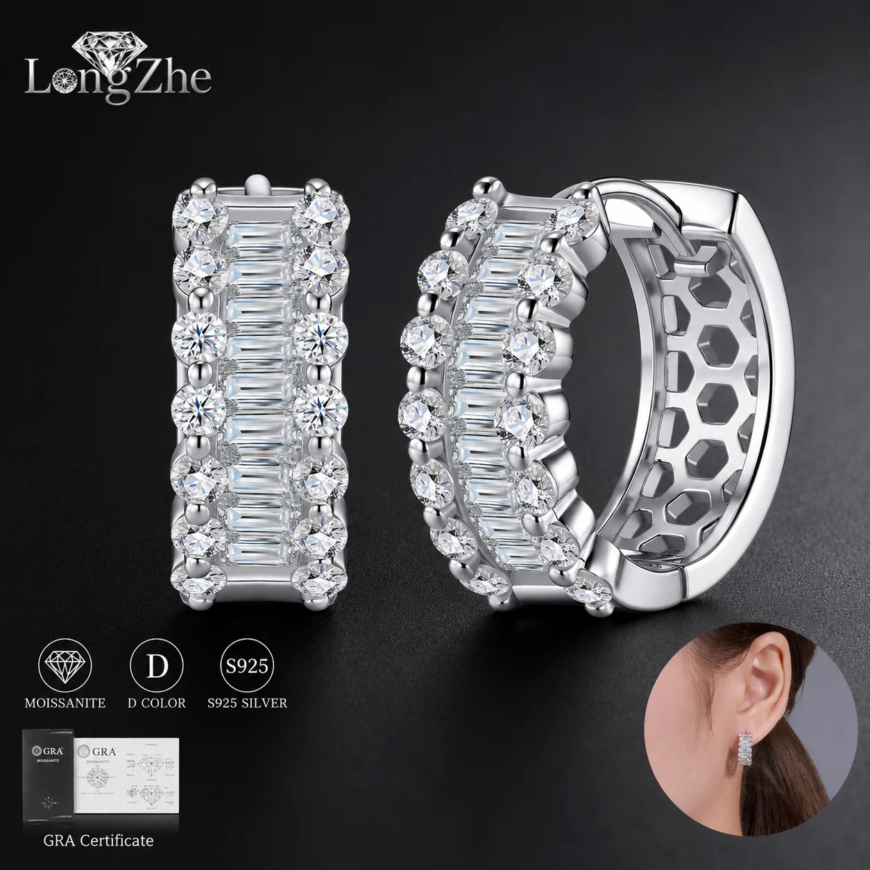 

Moissanite Hoop Earrings for Women S925 Sterling Silver 2.4CT Round and Baguette Cut Wide Huggie Wedding Anniversary Gift