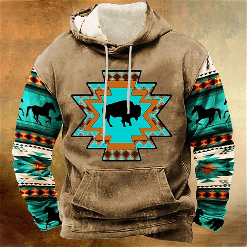 High Quality Sweatshirts Men Spring Fall Vintage Pullovers Hoodies 3D Cow Horse Tribal Graphics Hooded Shirt Casual Clothing Y2k