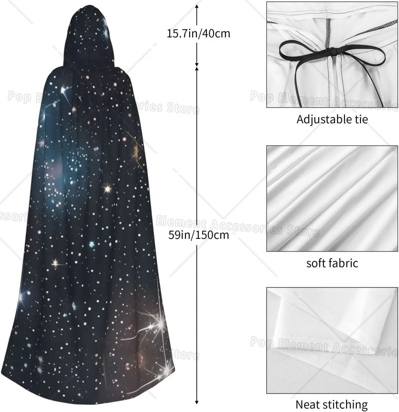 Constellation Star Clusters Galaxies Print Halloween Cloak Men Cape Renaissance Cloak With Hood, For Adult Cosplay Party Costume