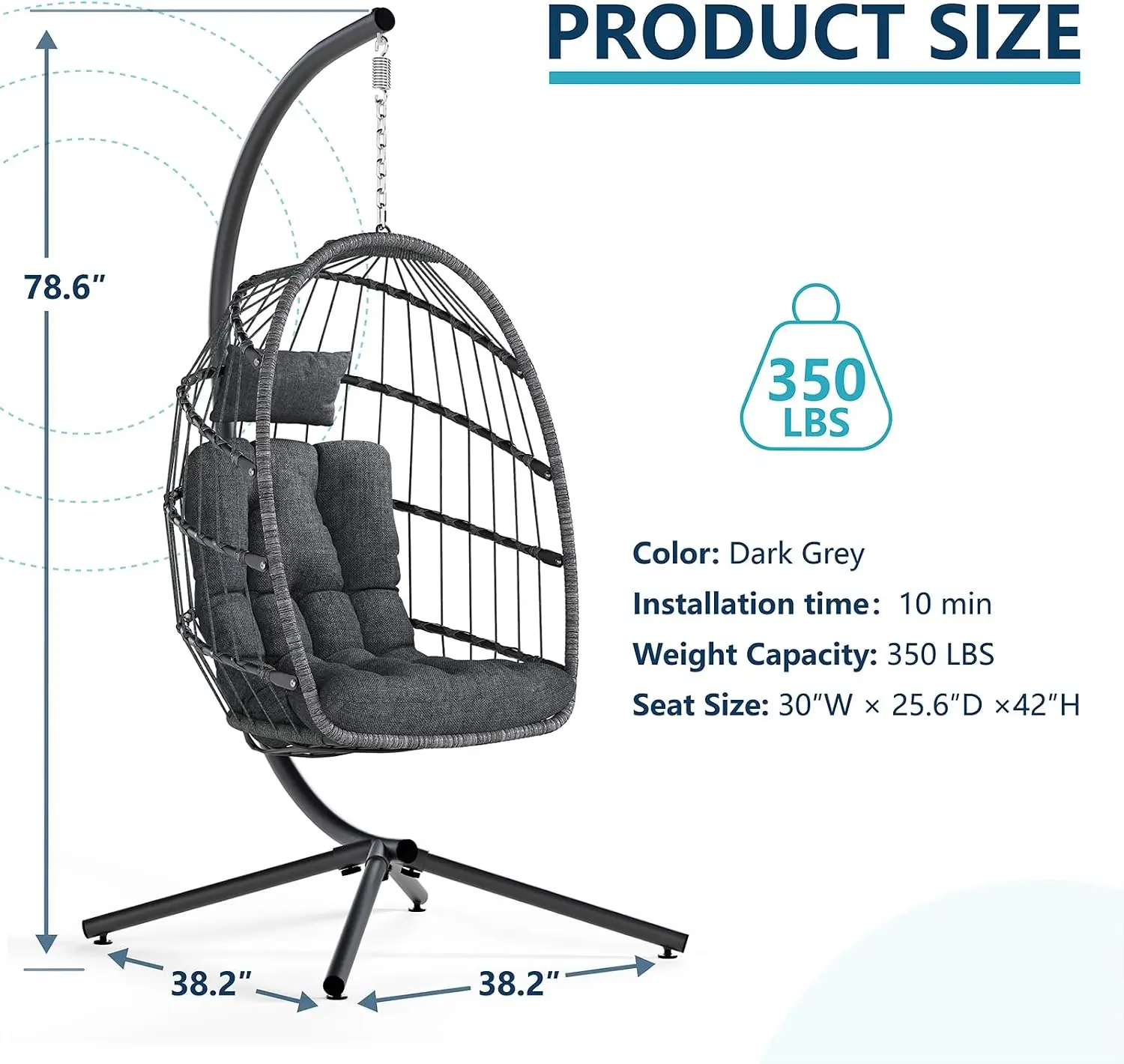 Hanging Egg Chair with Stand, Outdoor Indoor Swing Egg Chair with Cushion, Wicker Hammock for Patio, Bedroom 350 LBS Capacity-Da