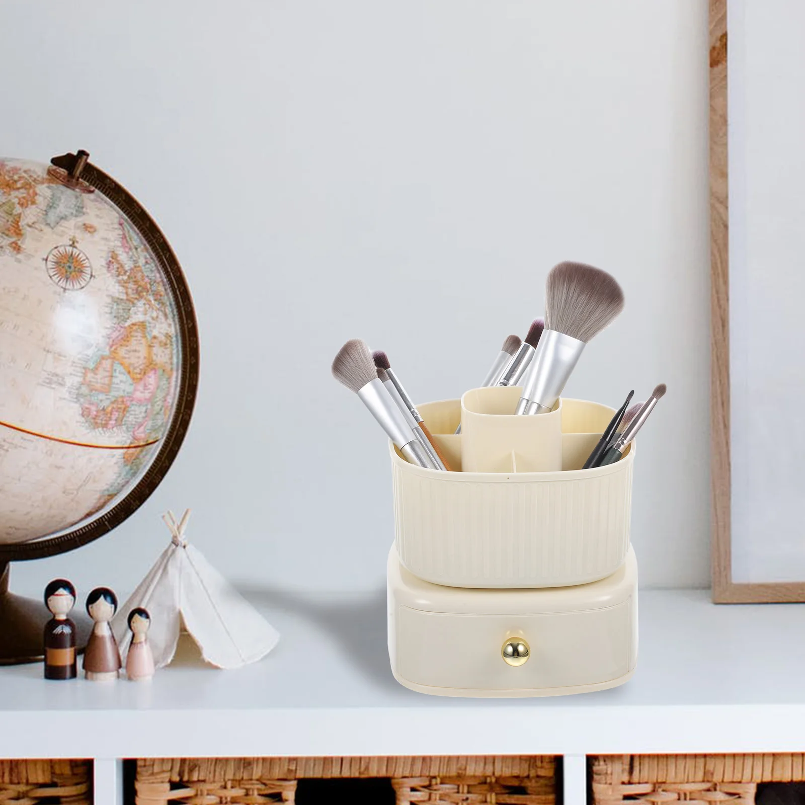 

Cream White 360 degree Rotation Double layer Makeup Brush Storage Bucket Large Capacity Desktop ganizer Bathroom Holder