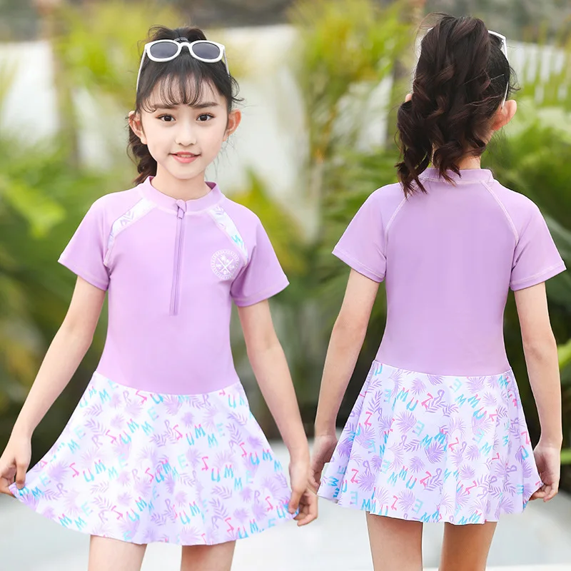 One-piece swimsuit with zipper for Little Princess, flower print, short sleeve, swimming dress for big children, new design