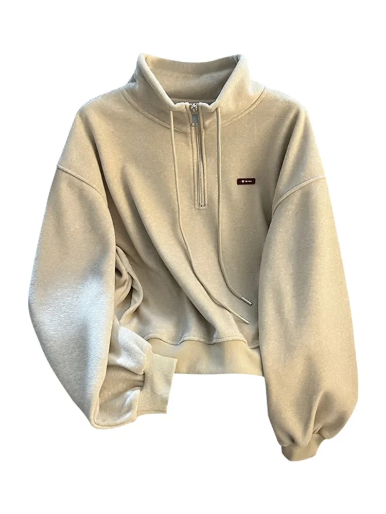 Thiened Fce 여성용 후드티 아메리칸 슬레 스탠드 칼라 스웨트셔츠 겨울 신상 루즈핏 따뜻한 상의 셀프키 디자인 코튼