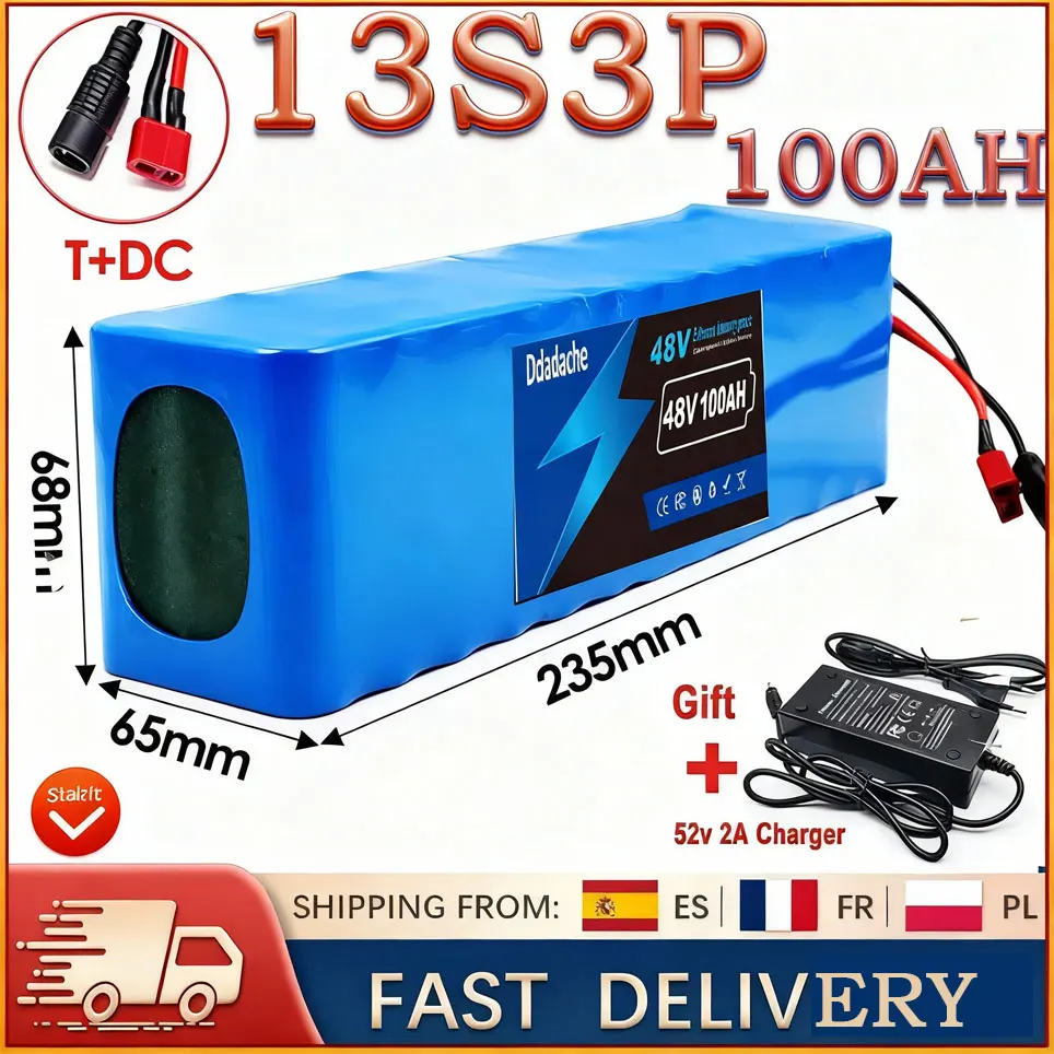 48V 100Ah 2000W 13s3p 48V 18650 Li-Ion Batteriepack für 54,6V Elektroroller mit BMS, 54,6V Ladegerät und Backup-Batterie