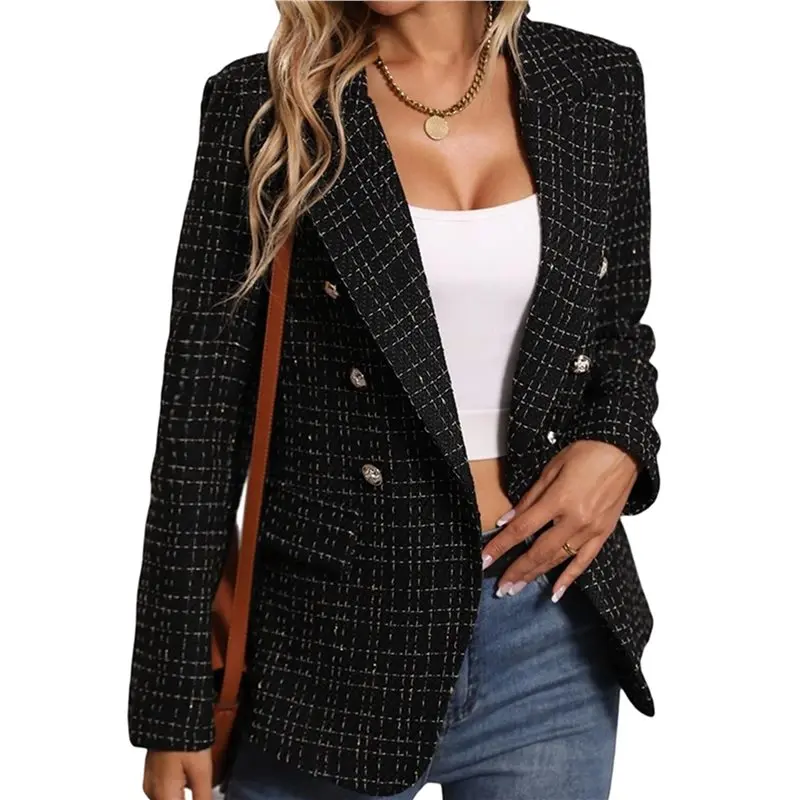 

A24F-Women's Plaid Blazer Jacket Warm Fully Lined Business Casual Elegant Coat With Pockets