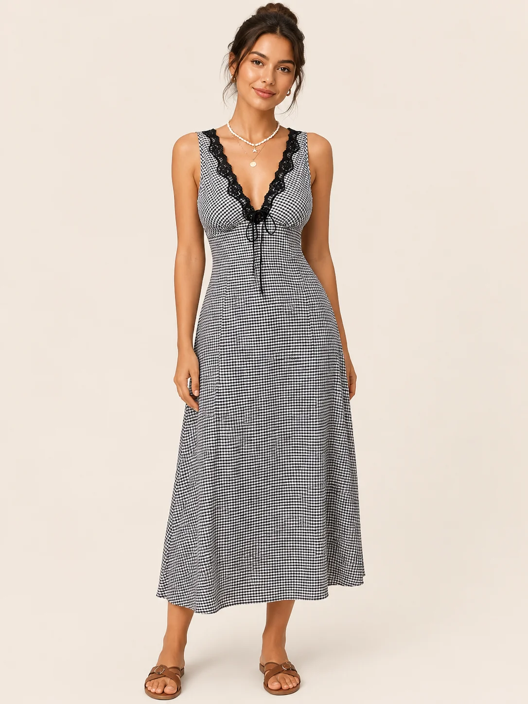 Gingham Lace Trim Flowy Midi Sundress for Women