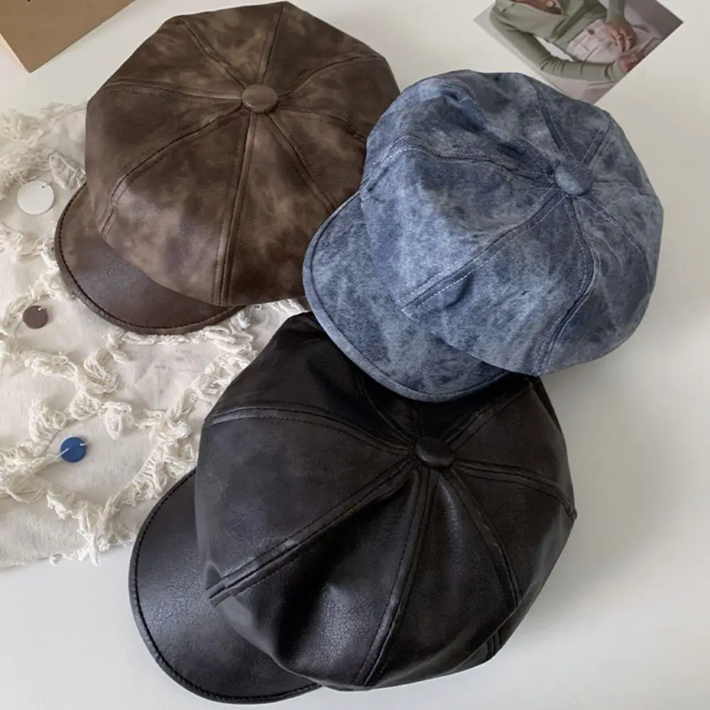 

Берет из искусственной кожи в британском стиле в стиле ретро, осень-зима, черно-коричневая шляпа художника, восьмиугольная кепка, повседневная кепка художника, прогулка