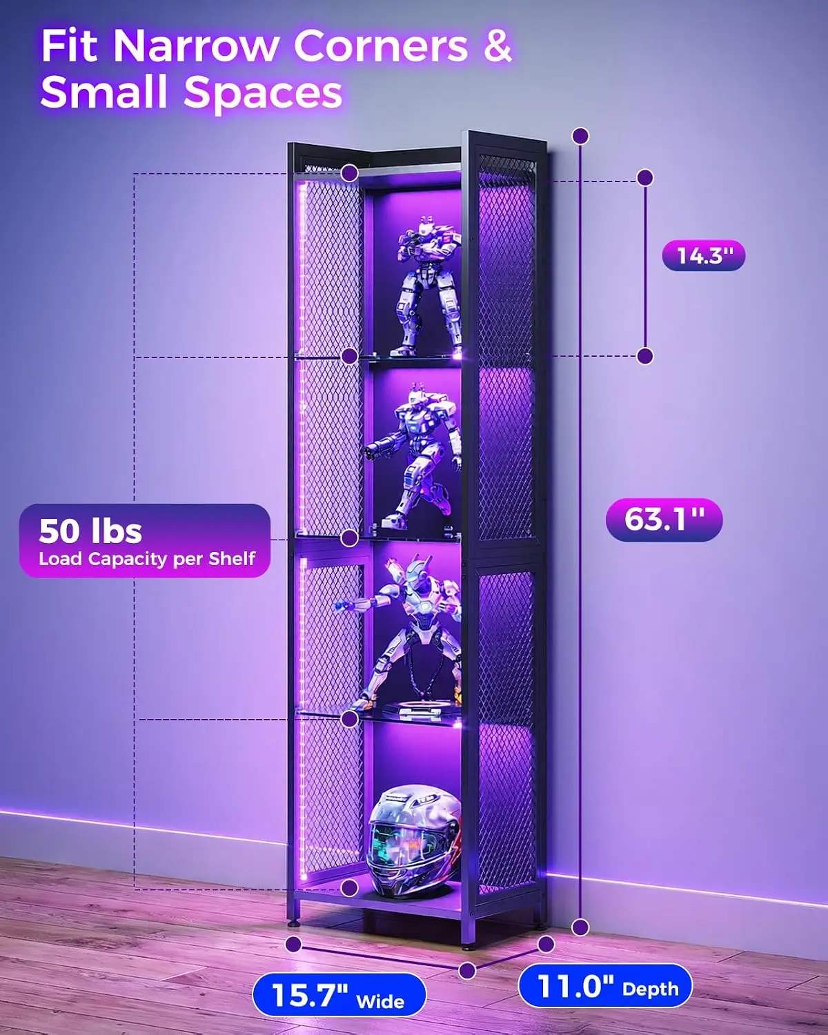 RGB Display Case with Glass Shelves, 4-Tier Corner Display Cabinet