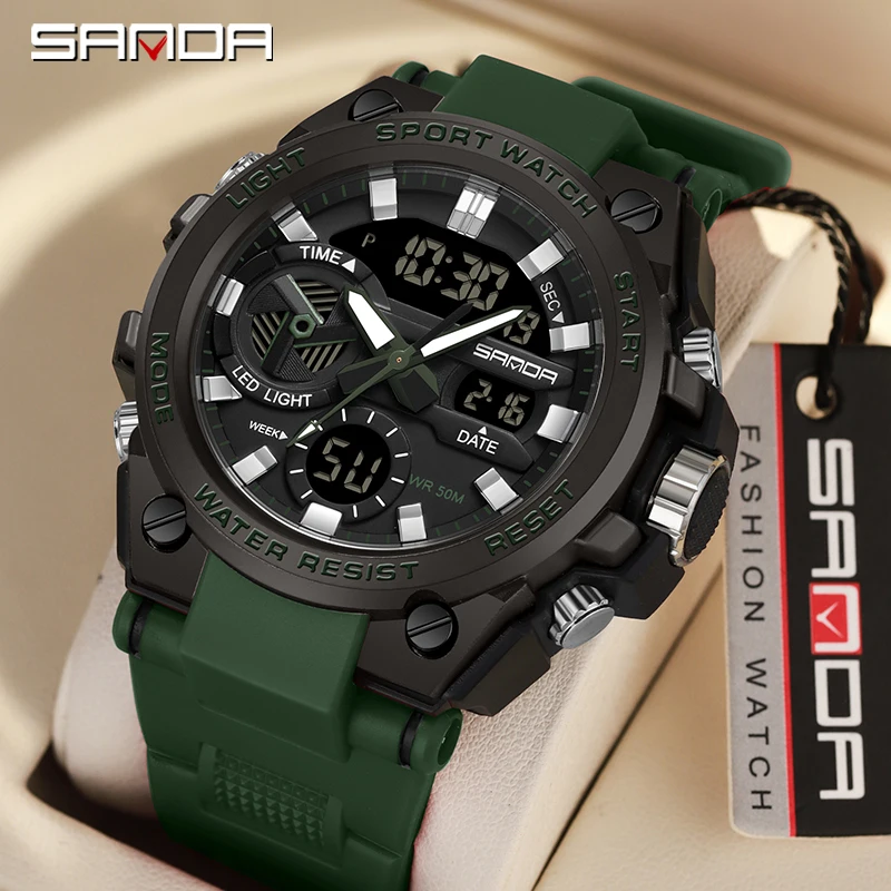 SAMDA New Sport Watches For Men 50M Waterproof LED Clock Alarm Dual Display Quartz Wristwatch Military Resisitant Mens Watch