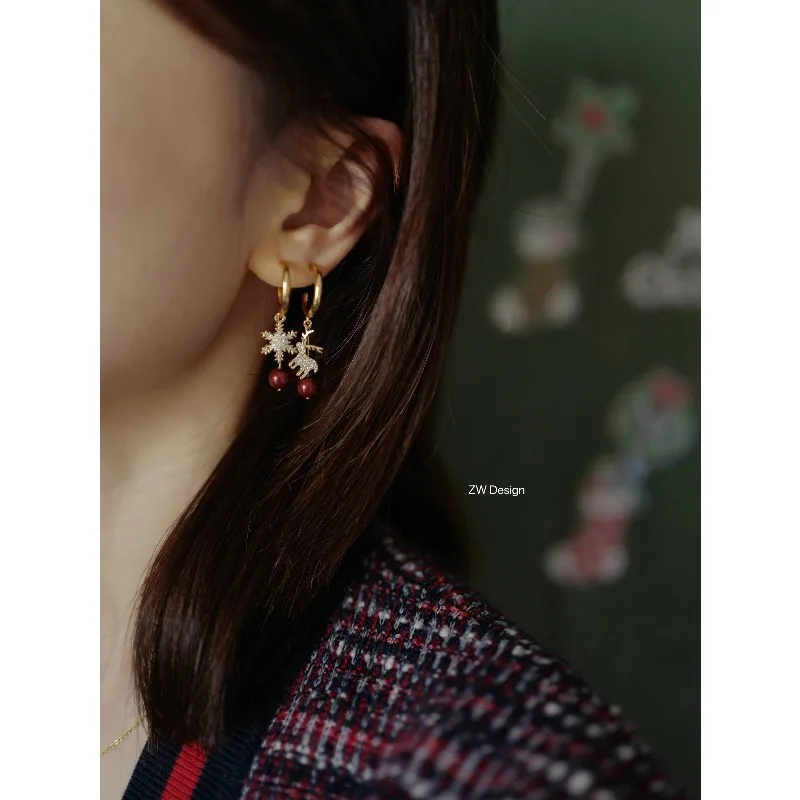 Snowflake and Deer Wine Red Pearl Earrings No Piercing Mosquito Coil Design New Year Christmas Ear Jewelry Gift for Women Girls