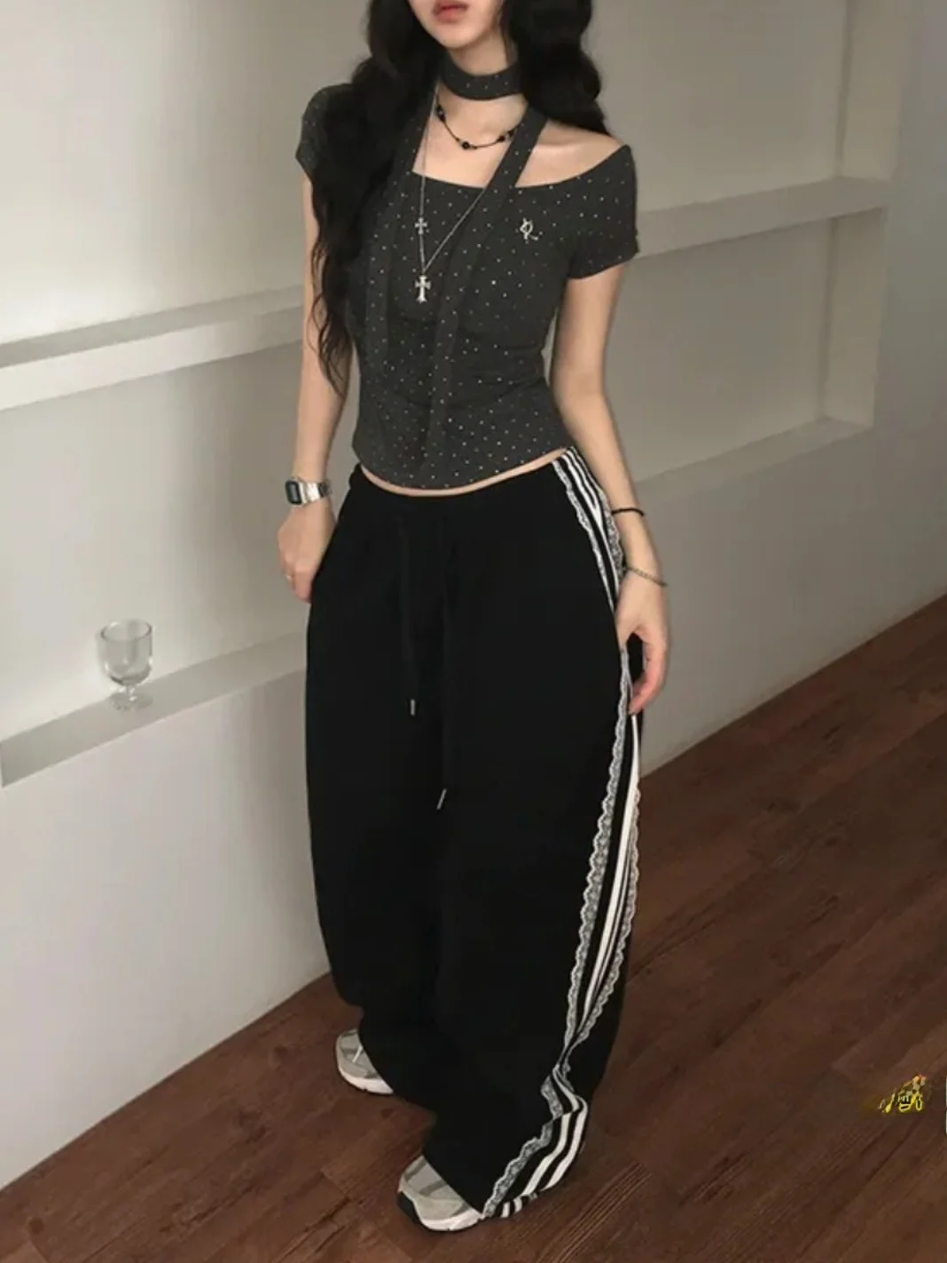 Coreano sle calças casuais femininas rendas guarnição emenda cintura elástica calças compridas versátil design de emagrecimento inverno novo sle