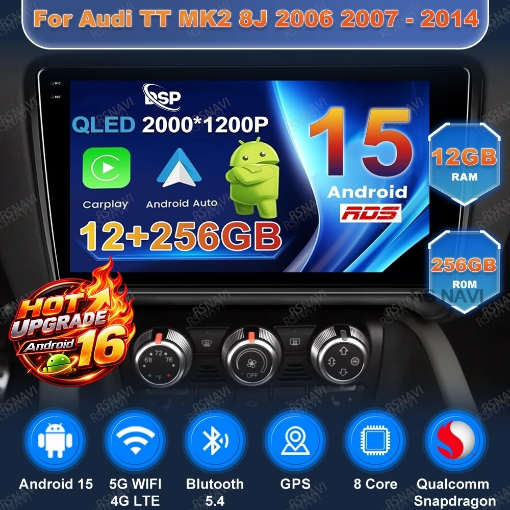 Android 16 Video Player Multimedia Car Radio For Audi TT MK2 8J 2006 2007 - 2014 CarPlay Navigation Stereo DSP 4G LTE 360 Camera