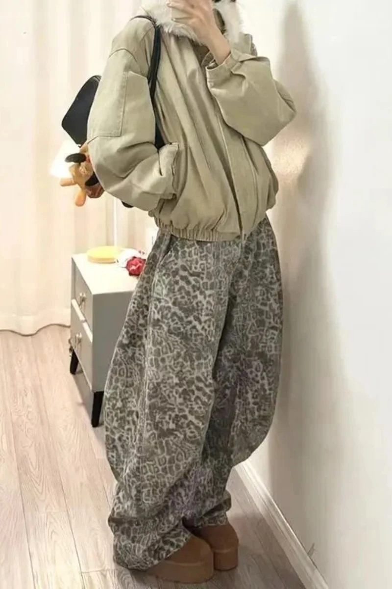 Women's Y2K High Waist Wide Leg Jeans Print Design Loose Fit Flare Trousers Comfort Stretch Casual Fashion Winter New