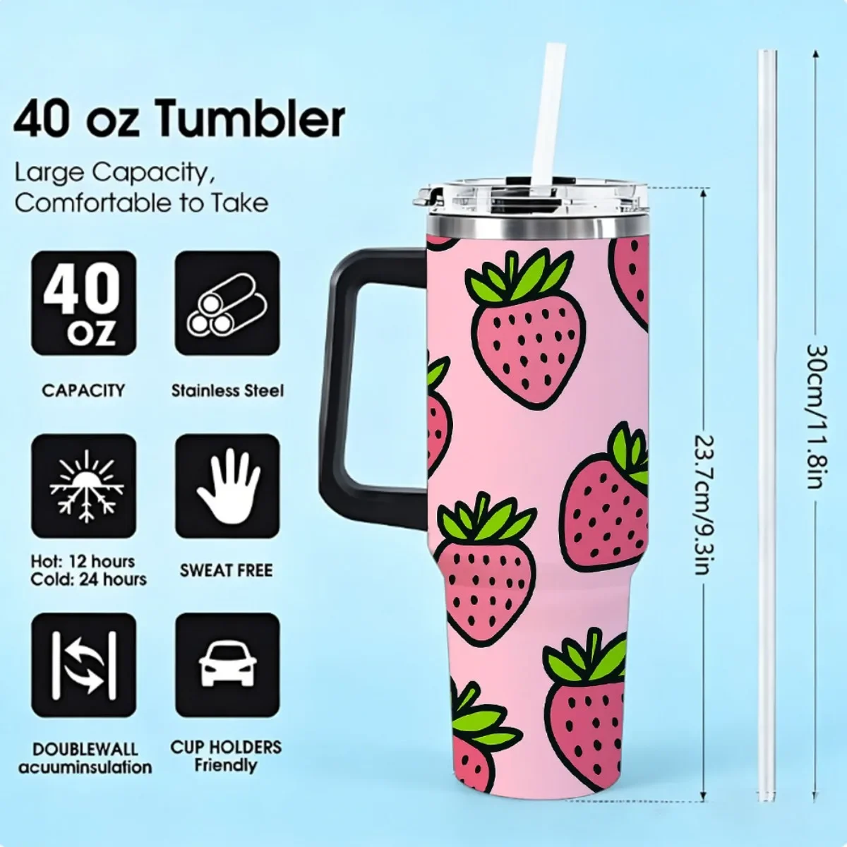 40oz Tumbler with Handle Cute Cartoon Strawberry Fruit Print Insulated Cup, Other colors sold out, random black or white shipment for other color orders